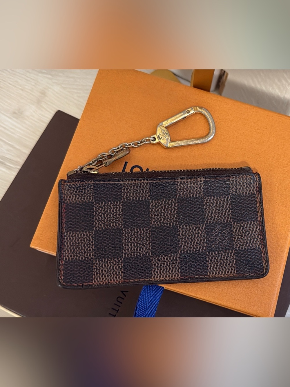 Louis Vuitton Damier Ebene Pochette Clés Key Pouch Coin Purse LV Chain Hook 1980